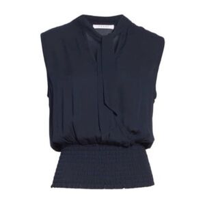 Frame Size Small Tie Neck Smock Hem Top Dark Navy Sleeveless V-Neck